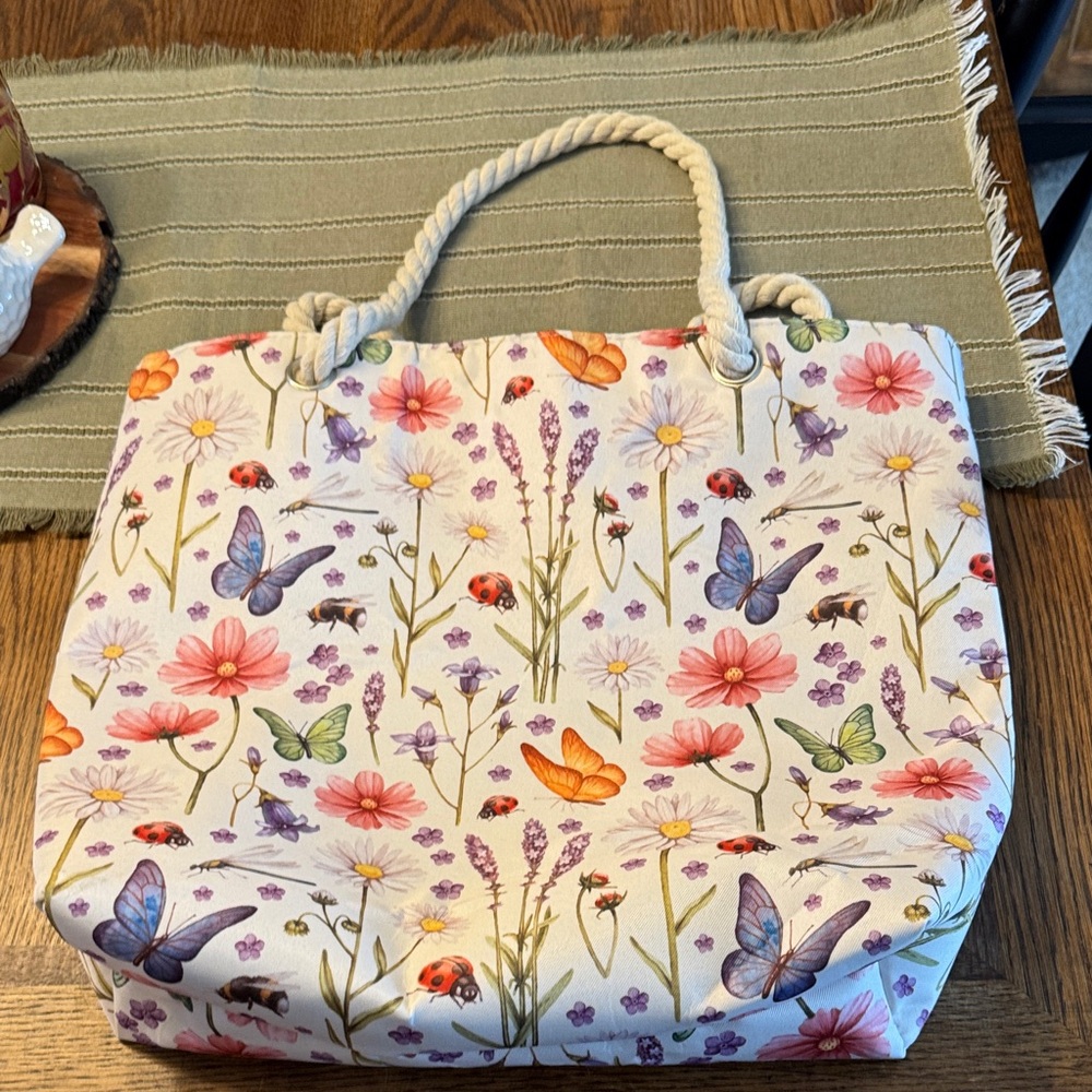 Floral Butterfly Canvas Tote Bag with Rope Handles - Cream